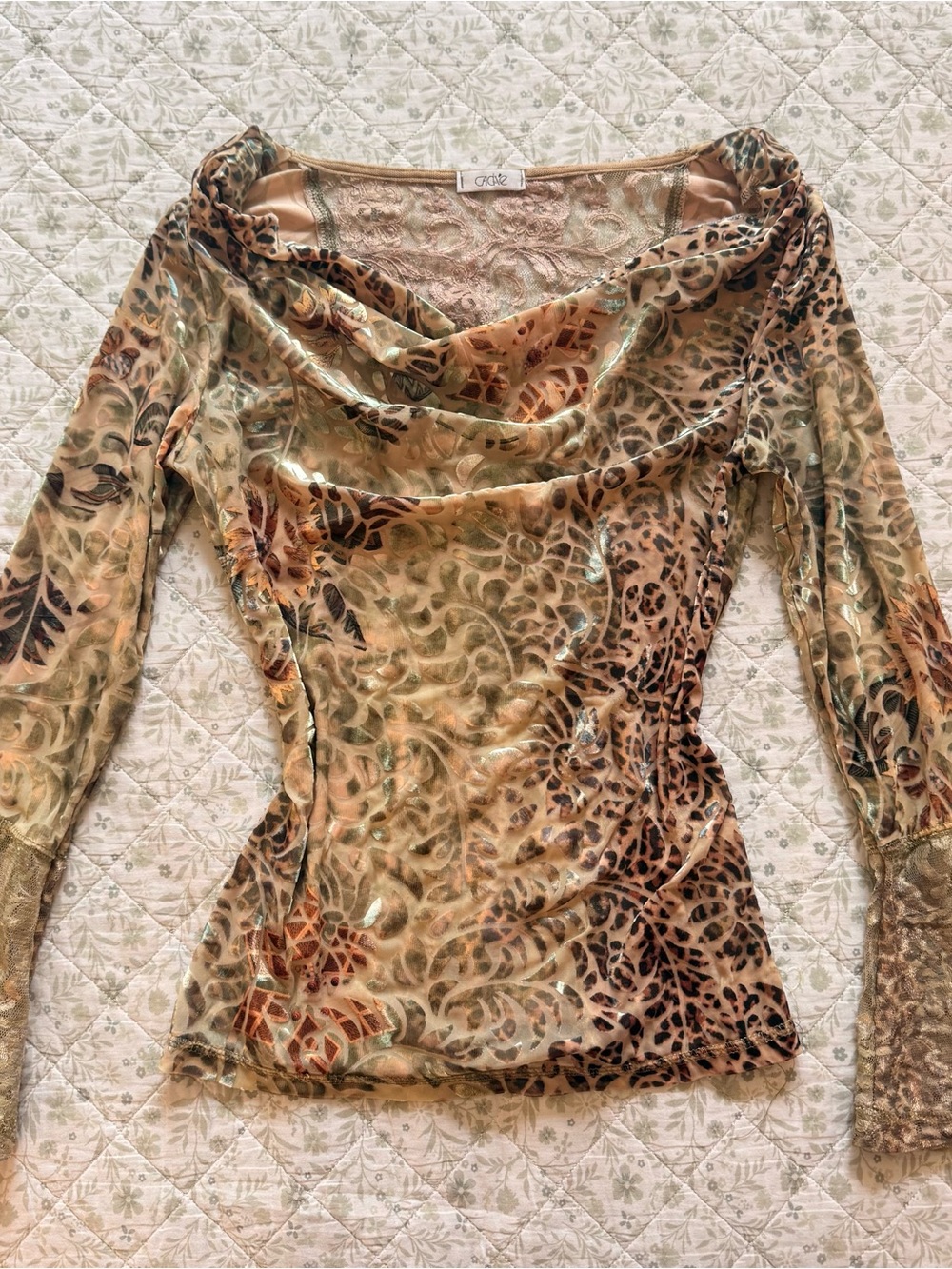 Vintage Caché velvet burnout long sleeve print top with lace back